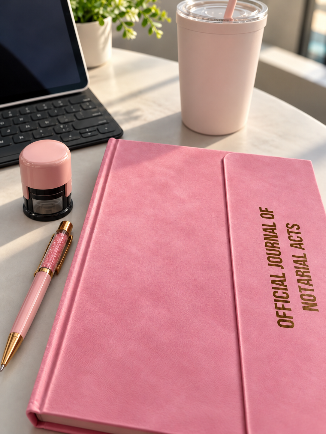 Pink notary journal, pen and notary stamp on a bright desktop